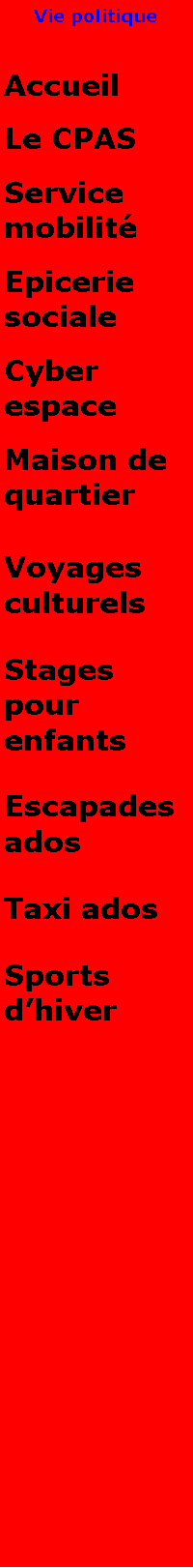 Zone de Texte: Vie politiqueAccueilLe CPASService mobilitEpicerie socialeCyber espaceMaison de quartierVoyages culturelsStages pour enfantsEscapades adosTaxi adosSports dhiver