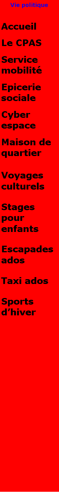 Zone de Texte: Vie politiqueAccueilLe CPASService mobilitEpicerie socialeCyber espaceMaison de quartierVoyages culturelsStages pour enfantsEscapades adosTaxi adosSports dhiver